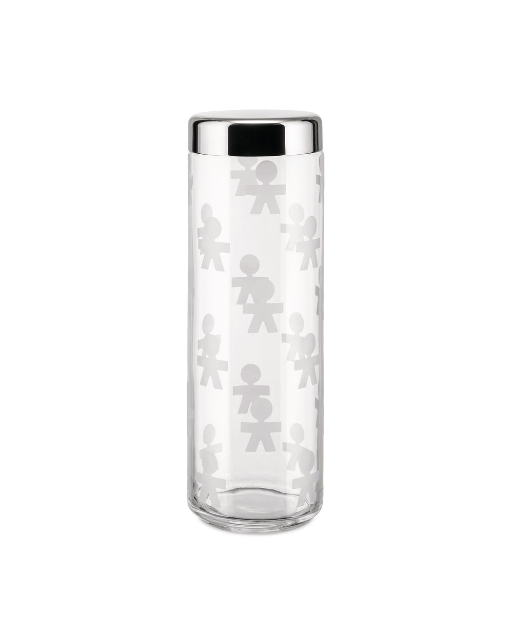 Clear glass jar with a shiny silver lid by Alessi, featuring a pattern of frosted stick figures.
