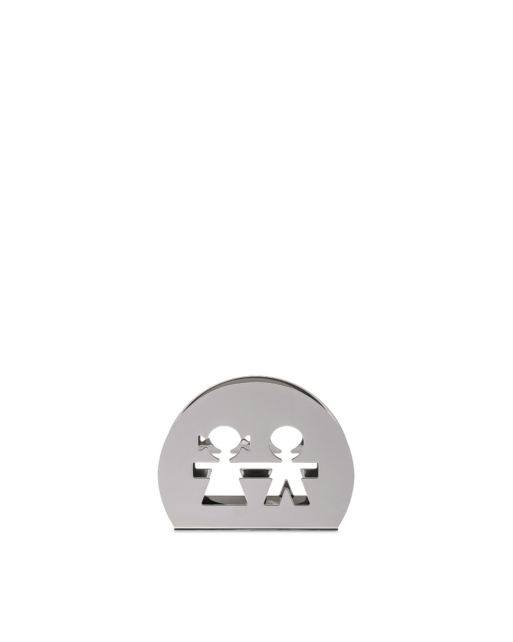 Polished silver metal napkin holder by Alessi, featuring two children cut-out figures.