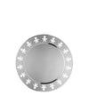 Round silver tray by Alessi with a decorative border of cut-out stylized people figures.