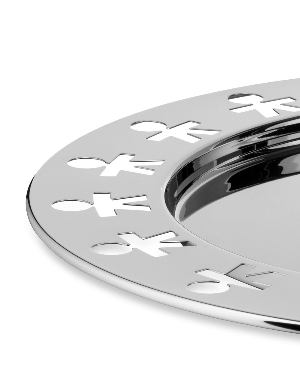 Polished stainless steel tray by Alessi, with iconic 'little men' cut-outs on its rim, in a close-up, angled shot.