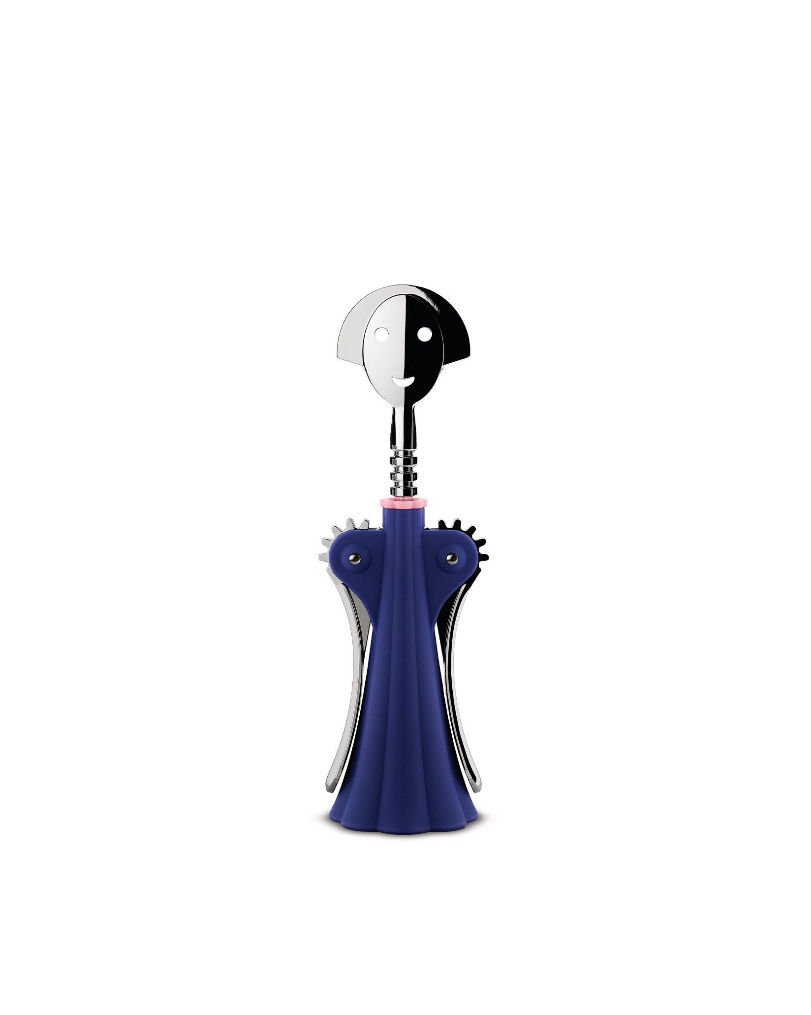 Blue and silver corkscrew by Alessi designed with a smiling human-like head and body.