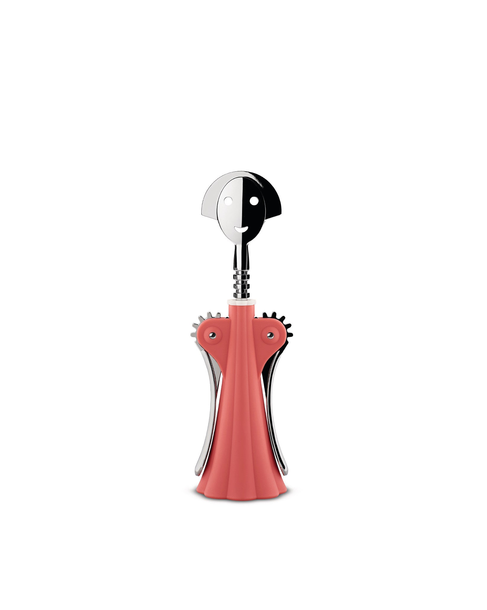 Pink and silver Anna G. corkscrew by Alessi with a smiling face and a pleated skirt-like body on a white background.