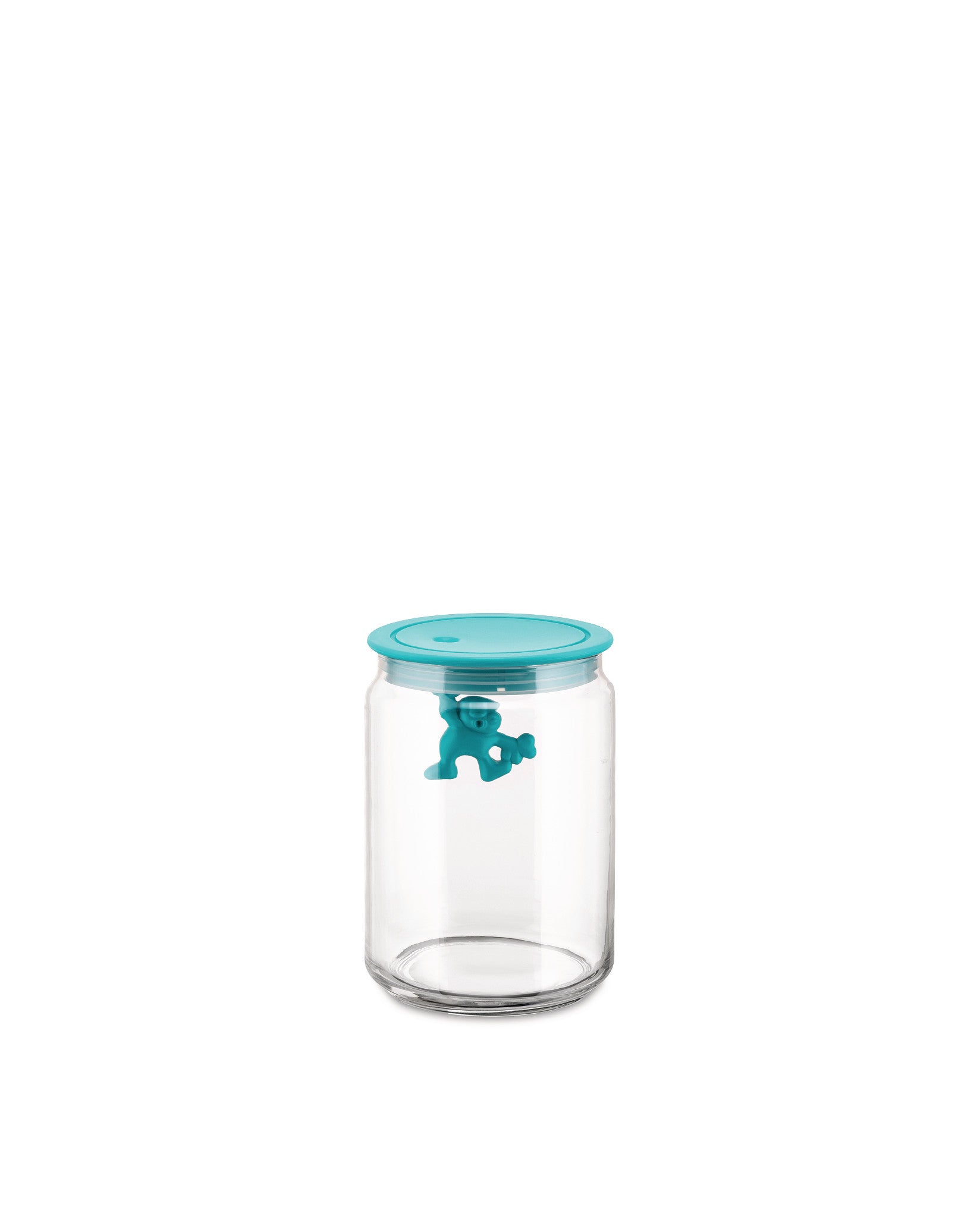 Clear glass storage jar with a turquoise lid by Alessi, featuring a small turquoise man clinging to the lid inside.
