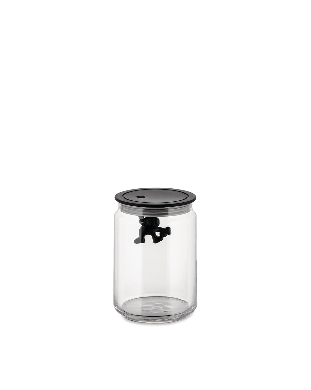 Clear glass storage jar by Alessi with black lid and a small black figure holding tight inside.
