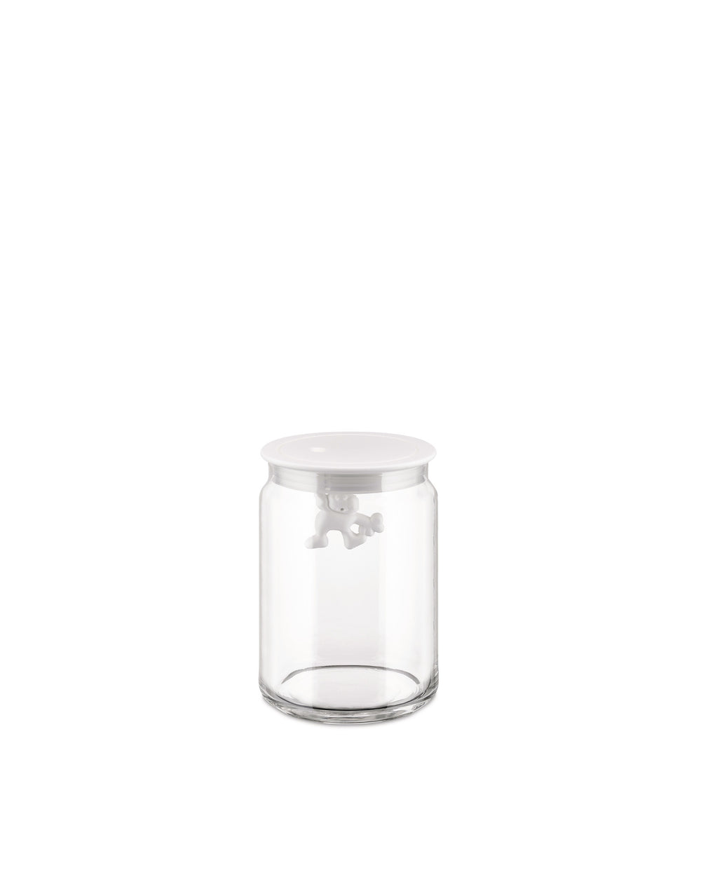 Clear glass storage jar by Alessi with a white lid and a small white figure hanging inside.