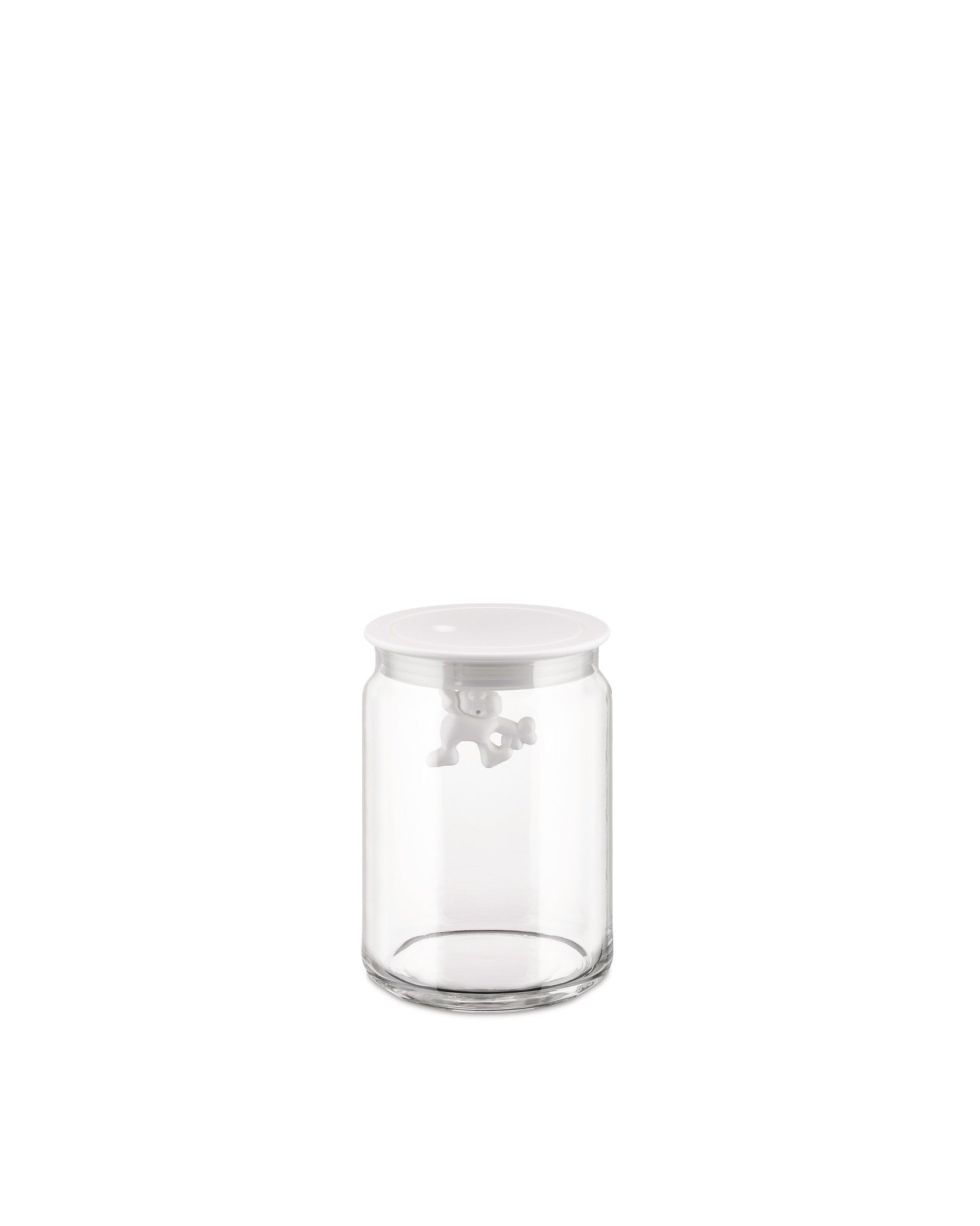 Clear glass storage jar by Alessi with a white lid and a small white figure hanging inside.