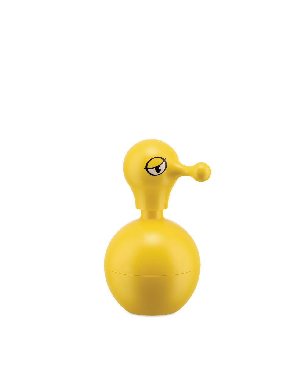 Yellow duck-shaped dispenser by Alessi, with a stylized eye and small nozzle.
