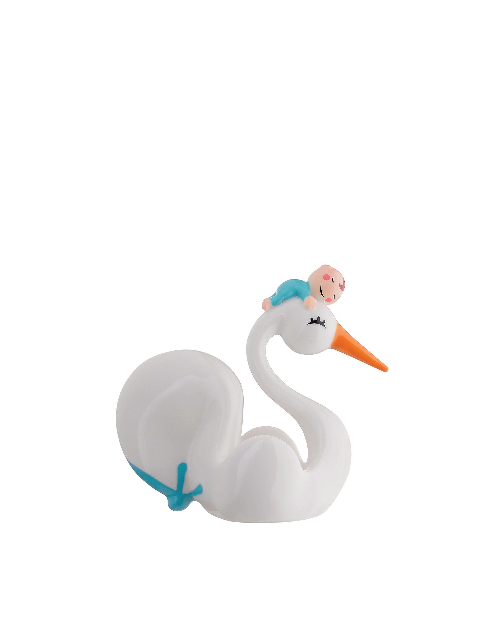 White ceramic decorative stork figurine by Alessi, featuring a pink baby in blue on its head and an orange beak.