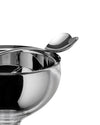 Silver reflective ice cream bowl by Alessi with heart-shaped spoons, cropped close-up.