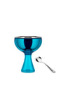 Turquoise dessert bowl by Alessi with a silver rim and an accompanying heart-shaped spoon.