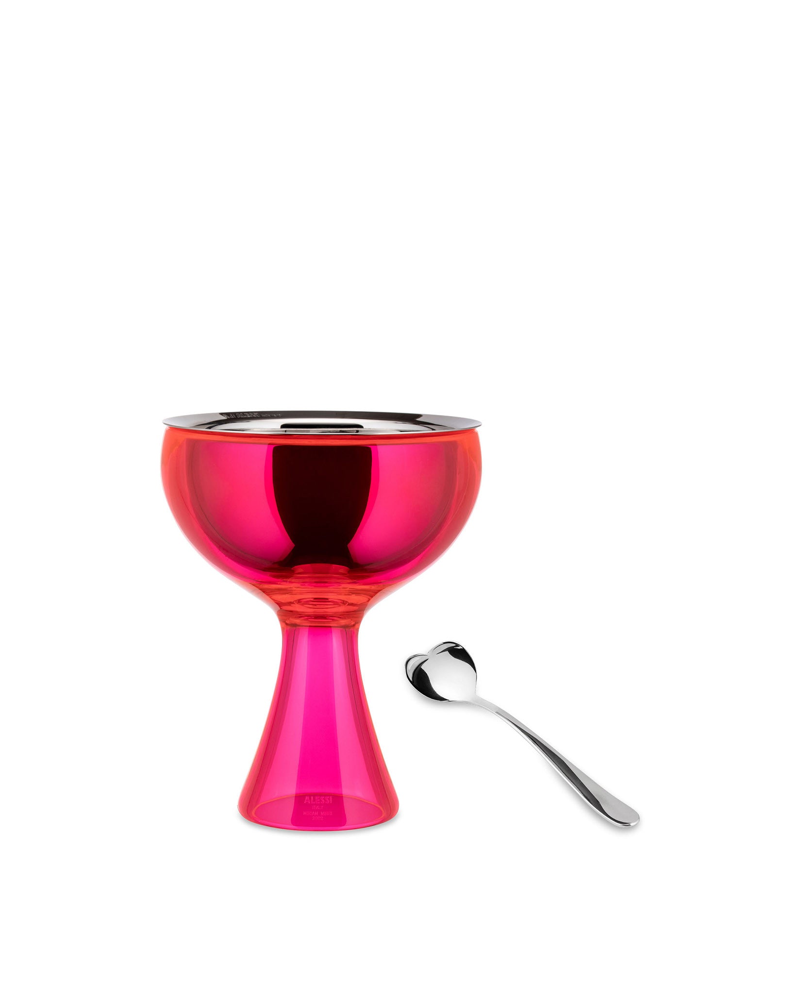 Bright pink plastic ice cream bowl by Alessi, with a stainless steel rim and a heart-shaped spoon.