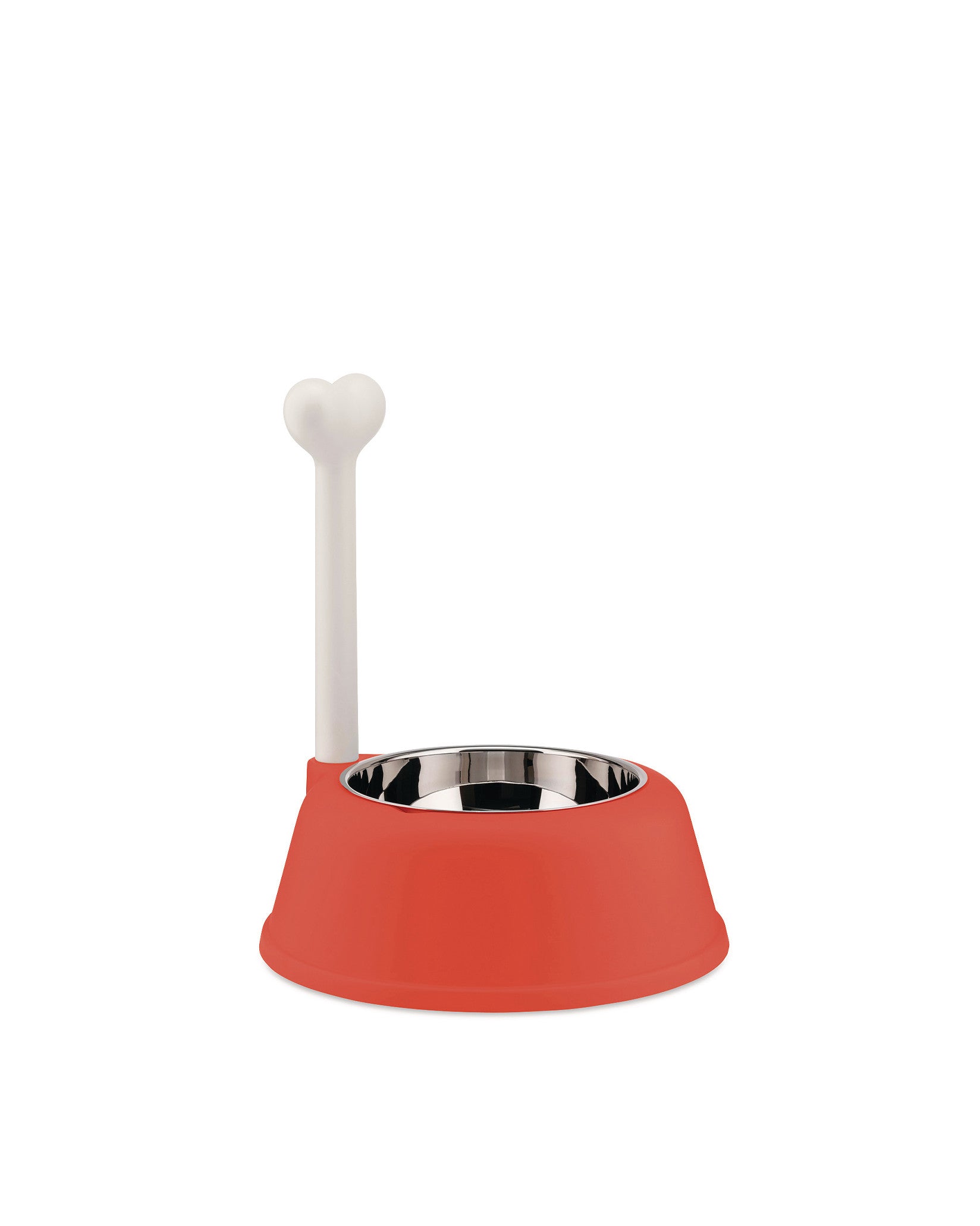 Elevated red pet bowl by Alessi with a stainless steel insert and a white bone-shaped handle.