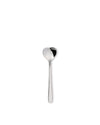 Silver metal spoon with a heart-shaped bowl by Alessi, highly reflective and centered.