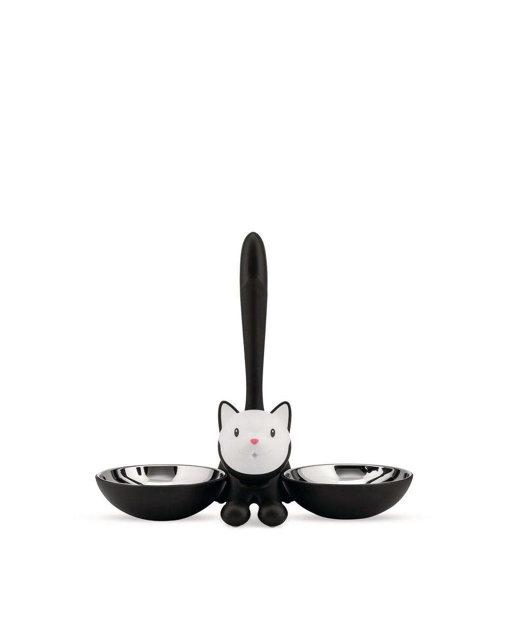 Black and white cat-shaped double pet bowl by Alessi, with two stainless steel inserts.