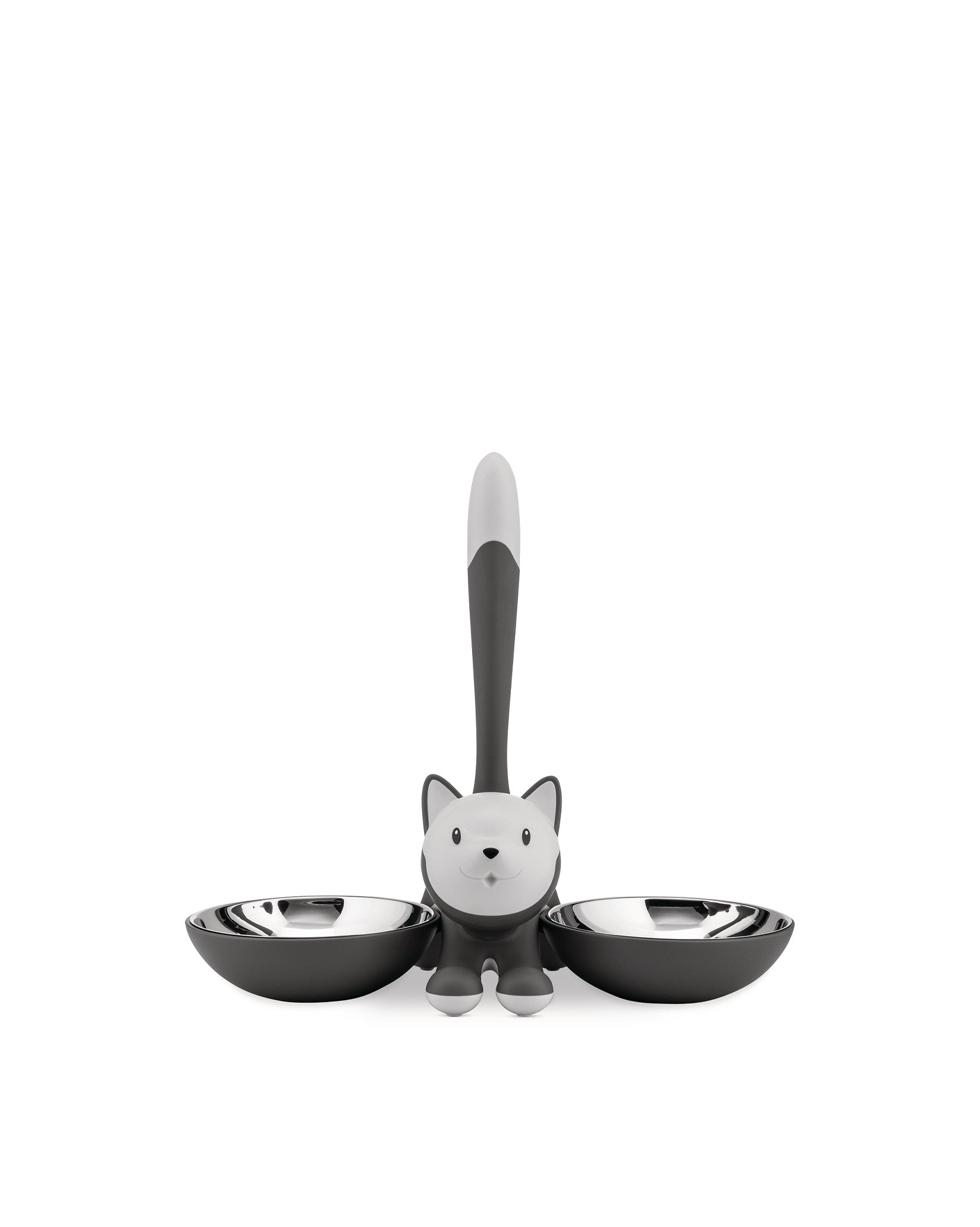 Dark grey and white cat-shaped double pet bowl by Alessi, featuring two stainless steel inner bowls and a smiling cat figure with an upright tail.