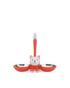 Red and white fox-shaped dual pet bowl by Alessi, with stainless steel inserts, presented front view on a white background.