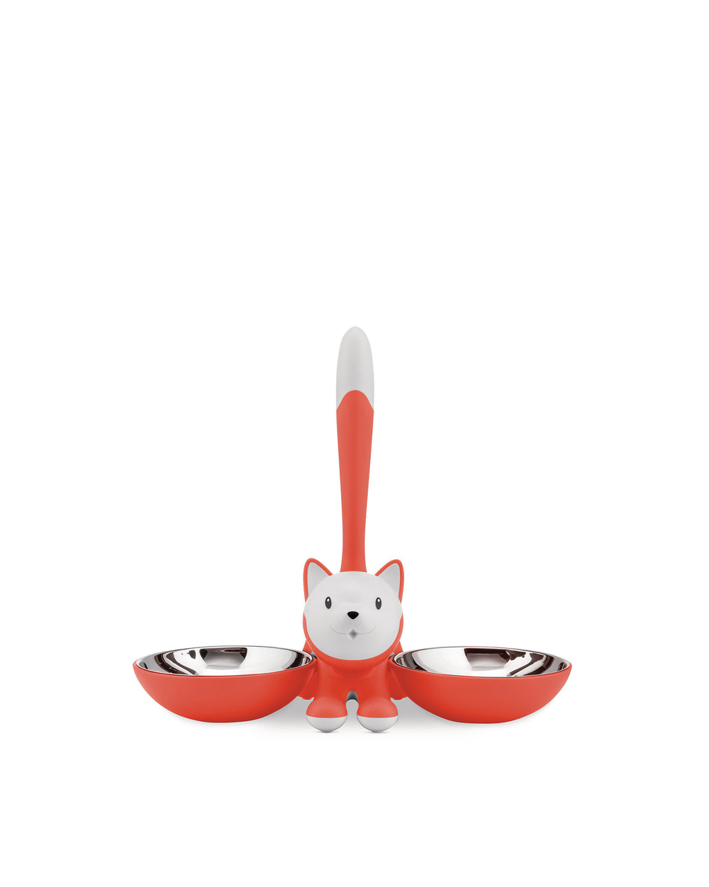 Red and white fox-shaped dual pet bowl by Alessi, with stainless steel inserts, presented front view on a white background.