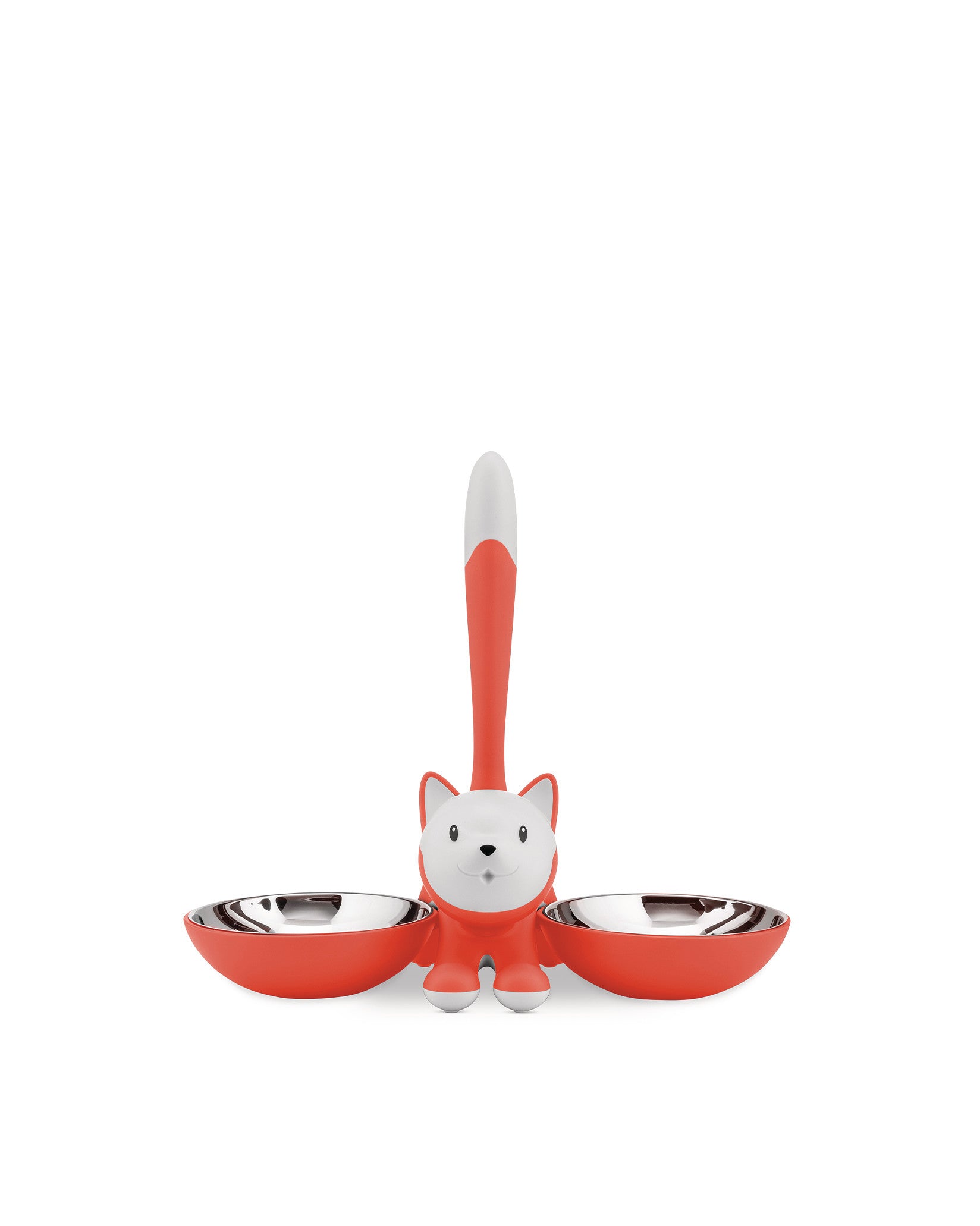 Red and white fox-shaped dual pet bowl by Alessi, with stainless steel inserts, presented front view on a white background.