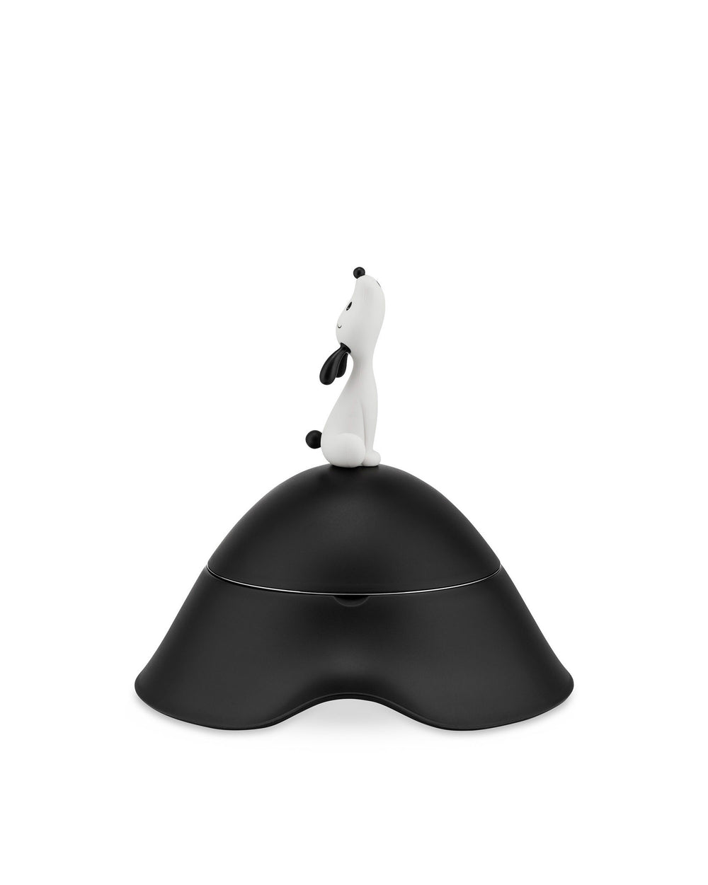 Black lidded jar by Alessi with a white dog figurine on top and an undulating base.