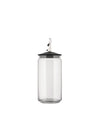 Clear glass LulàJar by Alessi with a black conical lid topped by a white dog figurine.