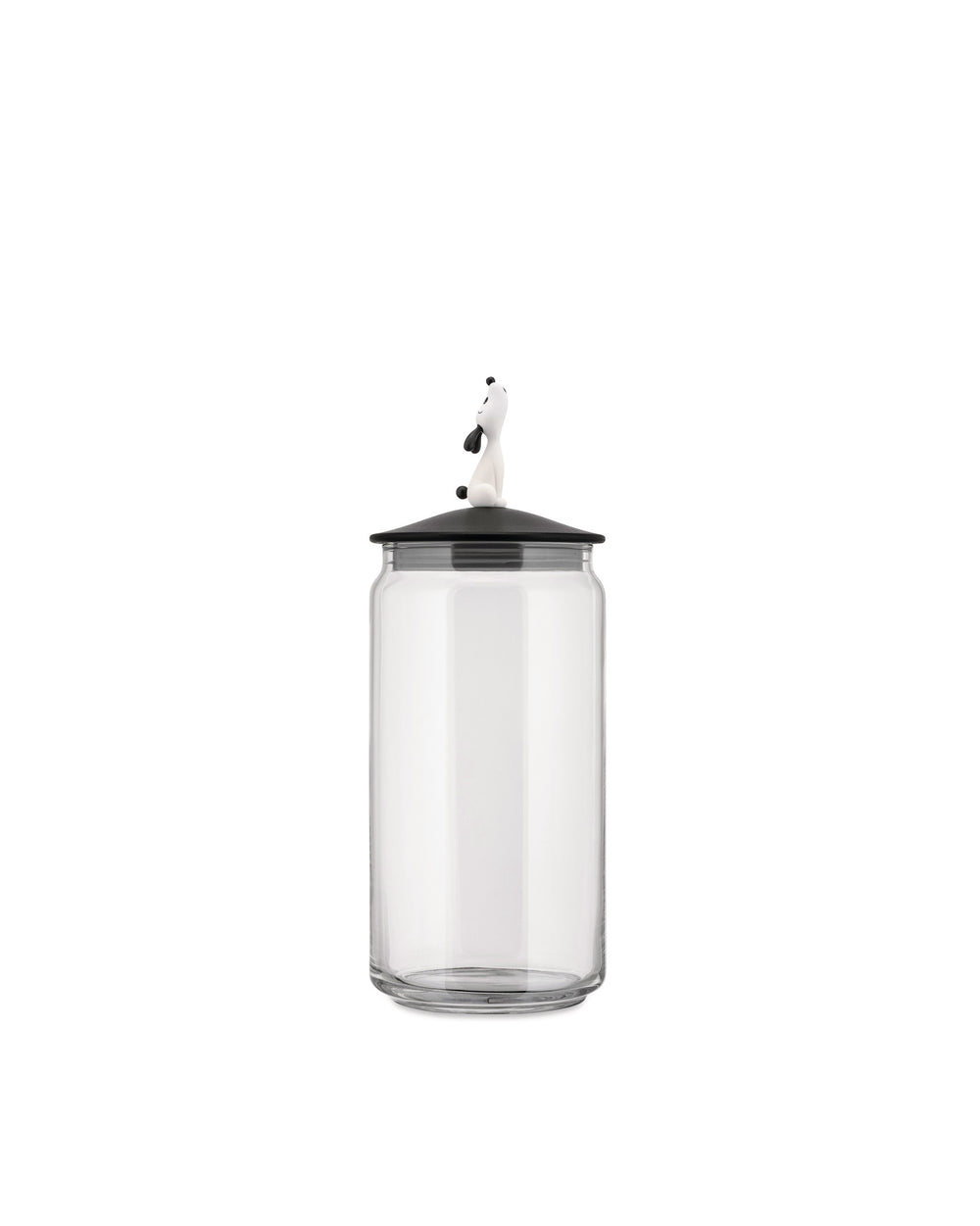 Clear glass LulàJar by Alessi with a black conical lid topped by a white dog figurine.