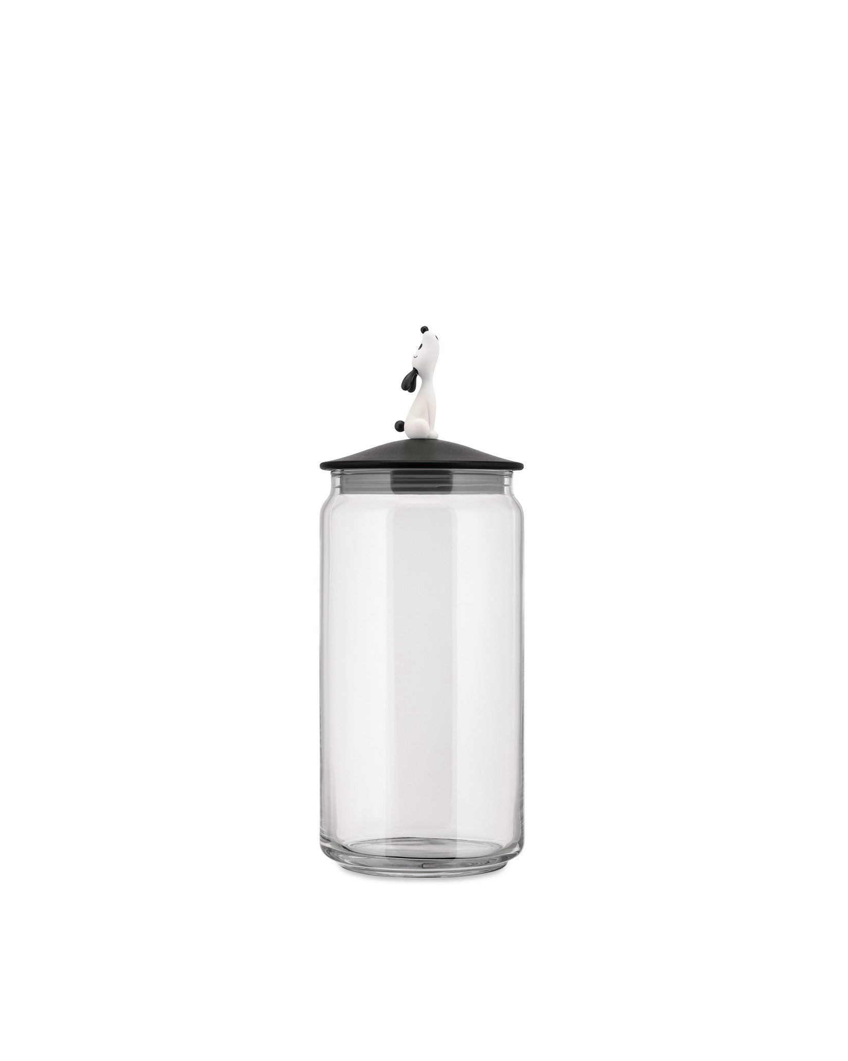 Clear glass LulàJar by Alessi with a black conical lid topped by a white dog figurine.
