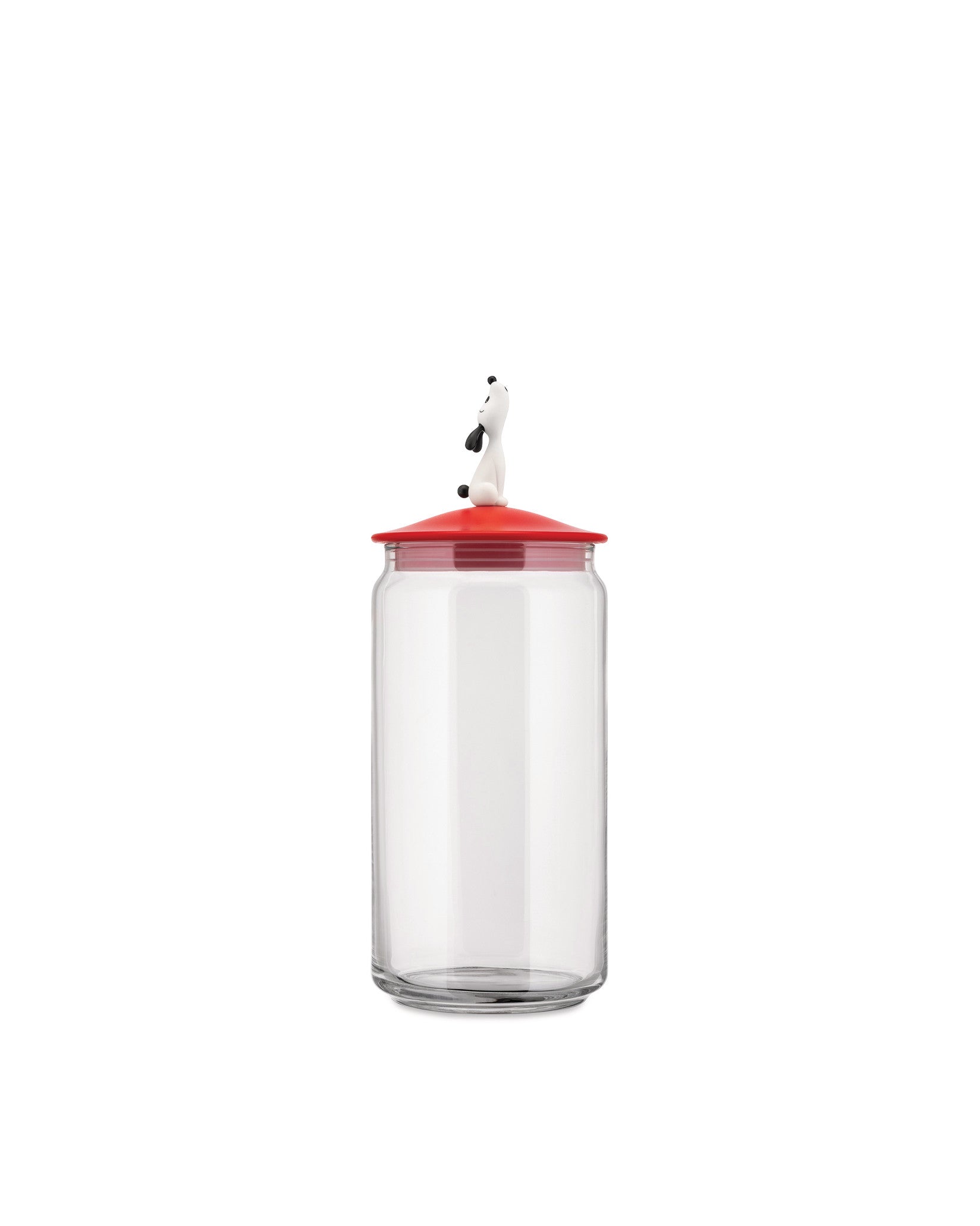 Clear glass jar with a red lid by Alessi, featuring a white dog figure on top, against a white background.