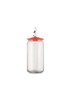 Glass LulàJar by Alessi with a red conical lid and a small white dog figure on top.