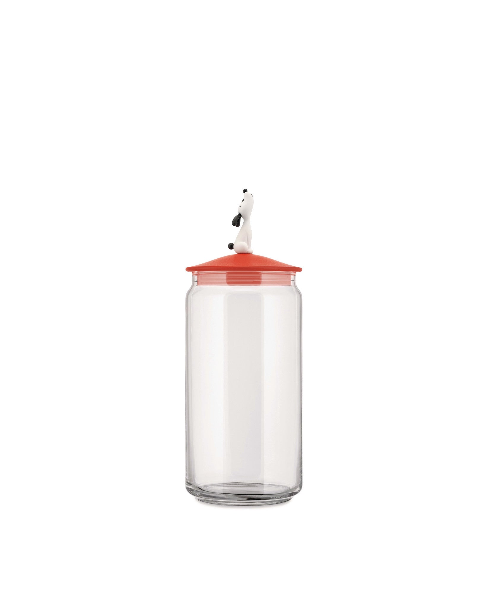 Glass LulàJar by Alessi with a red conical lid and a small white dog figure on top.