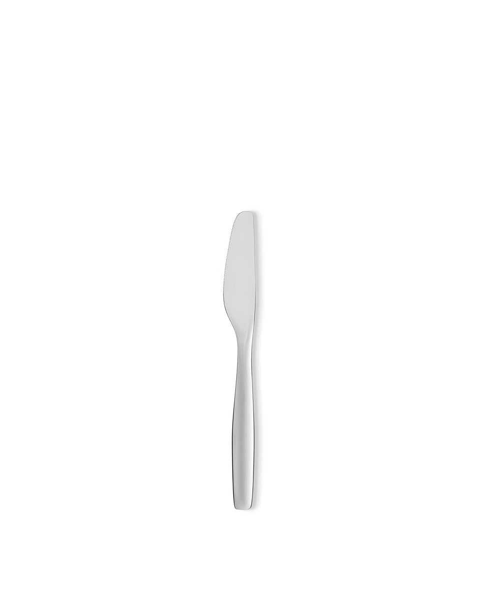Silver stainless steel knife by Alessi with a serrated blade and sleek design.