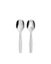 Polished silver serving spoon set by Alessi, featuring one solid and one slotted spoon.