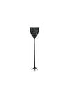 Black mesh fly swatter by Alessi with a long handle and a distinctive tripod base, standing vertically.