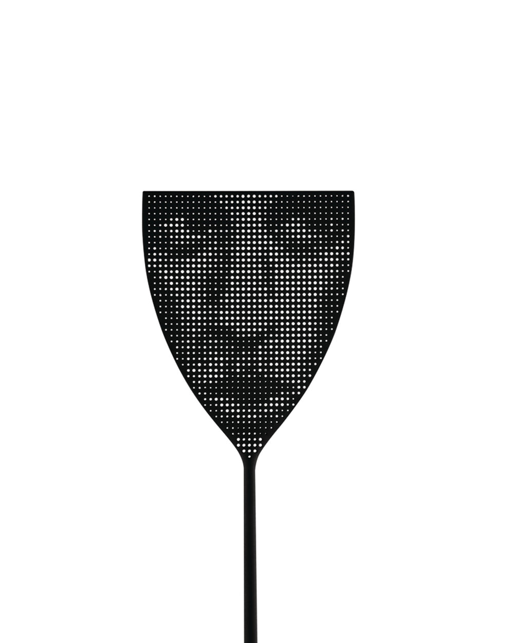 Black perforated fly swatter by Alessi, with a shield-shaped head and slender handle.
