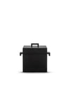 Matte black square pot by Alessi with a flat lid, central handle, and two geometric side handles.
