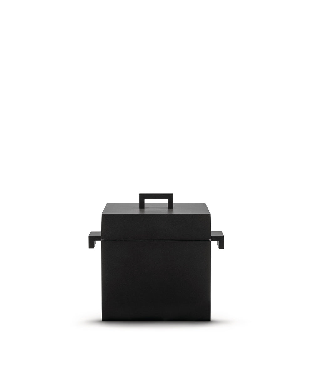 Matte black square pot by Alessi with a flat lid, central handle, and two geometric side handles.