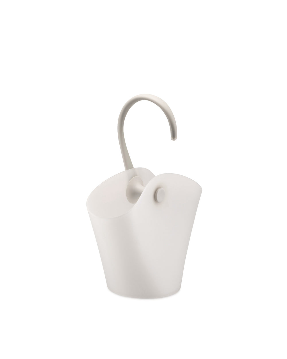Light gray translucent plastic cooler by Alessi, with a curved hook handle and circular side detail.