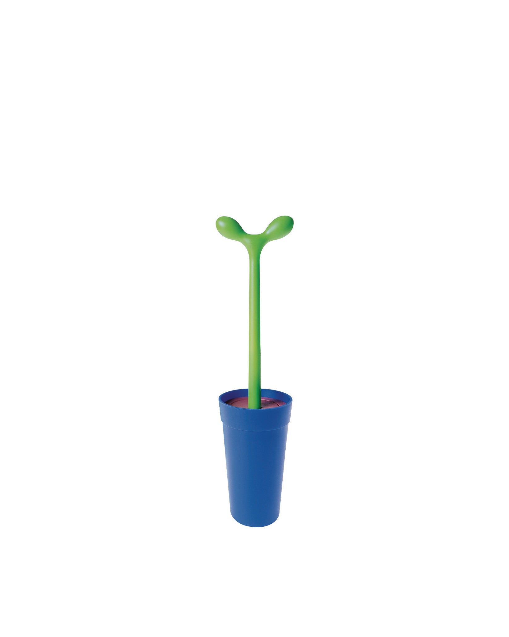 Green toilet brush by Alessi, with a plant-like handle, in a blue holder with a red interior.