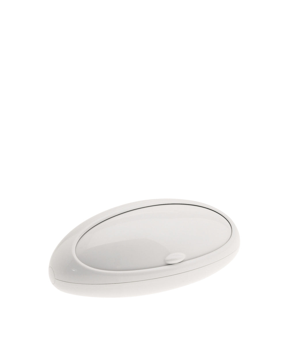 White plastic bread bin by Alessi, oval-shaped with a subtle handle, shown at a slight angle.