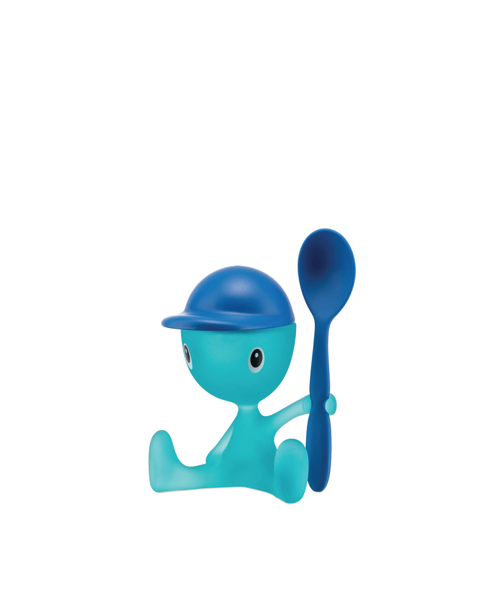 Translucent turquoise character egg cup with blue hat and matching spoon by Alessi, shown sitting.
