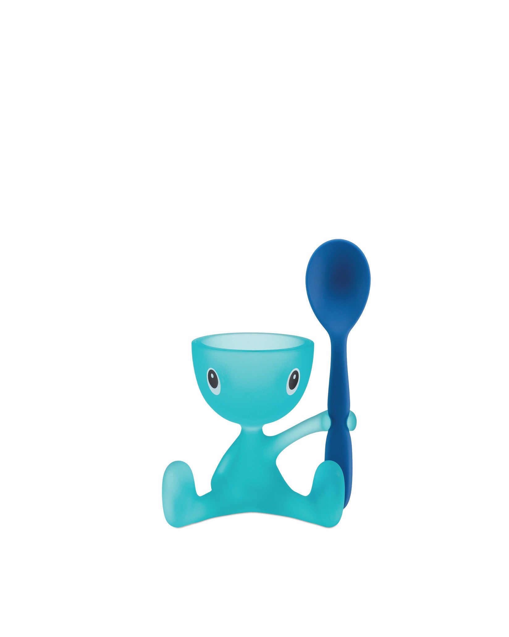 Teal frosted egg cup and spoon set by Alessi, designed as a playful character holding a dark blue spoon.