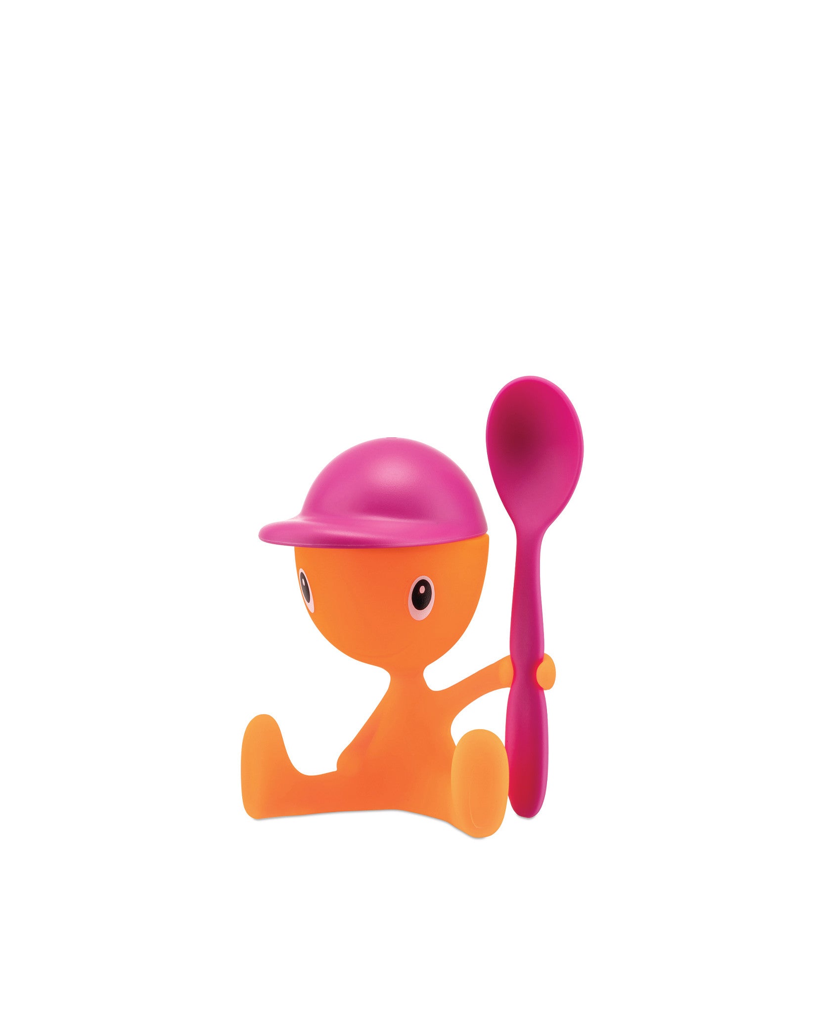 Orange Cico egg cup with a pink hat by Alessi, sitting and holding a pink spoon.