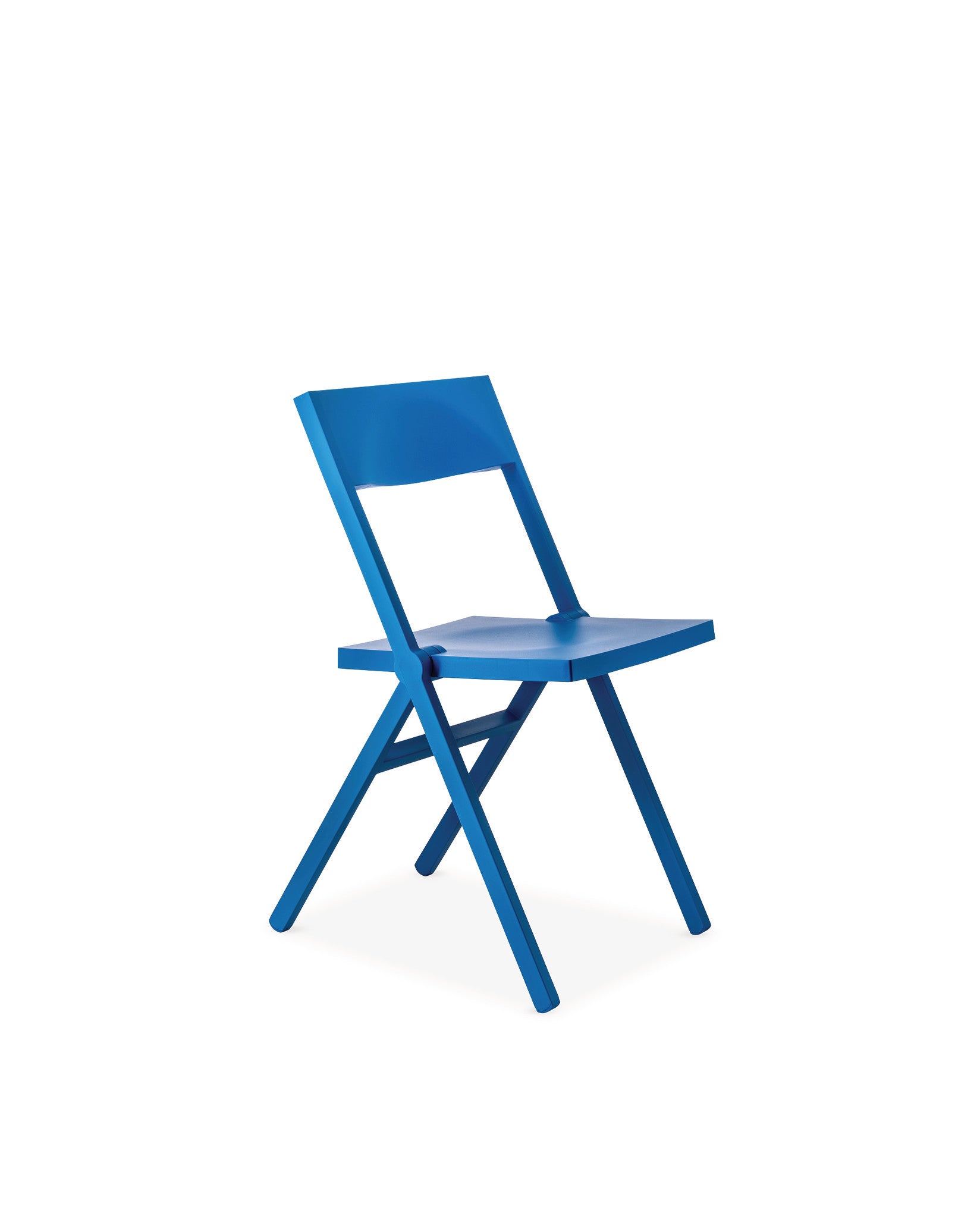 Blue minimalist folding chair by Alessi, shown angled with a smooth finish on a white background.