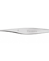 Sleek silver metallic blade by Alessi, engraved with 'Eleonora' and a circular detail, cropped side view.