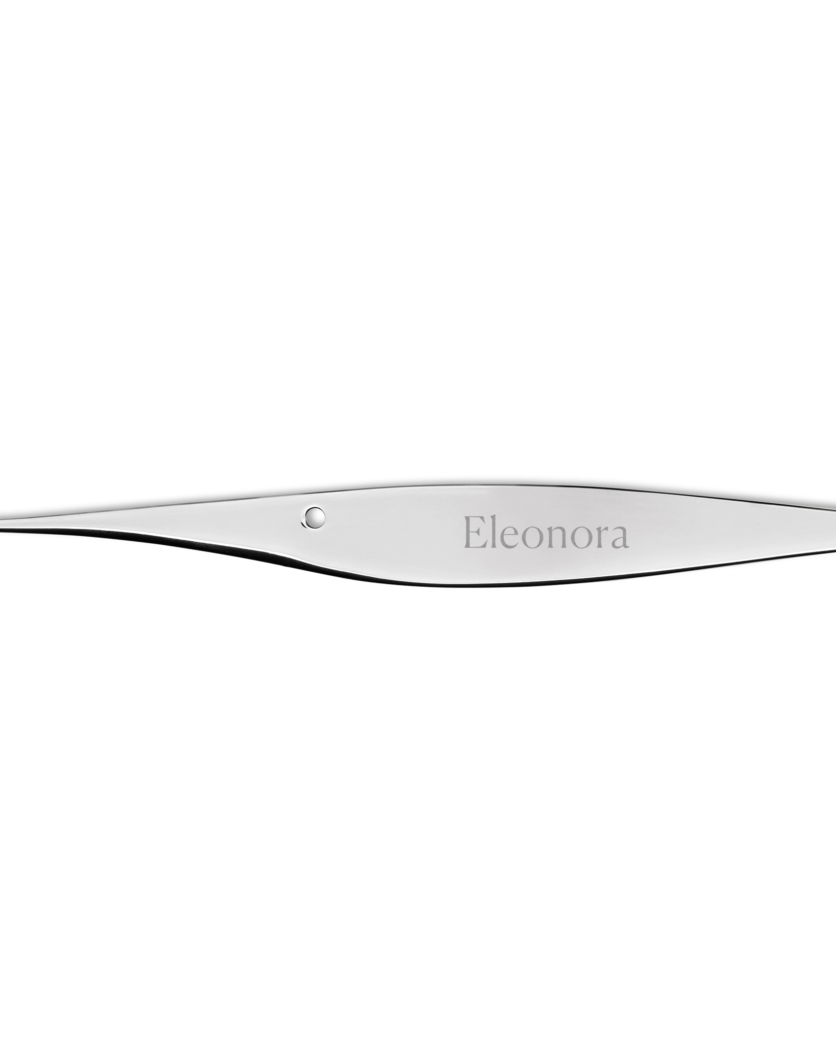 Sleek silver metallic blade by Alessi, engraved with 'Eleonora' and a circular detail, cropped side view.