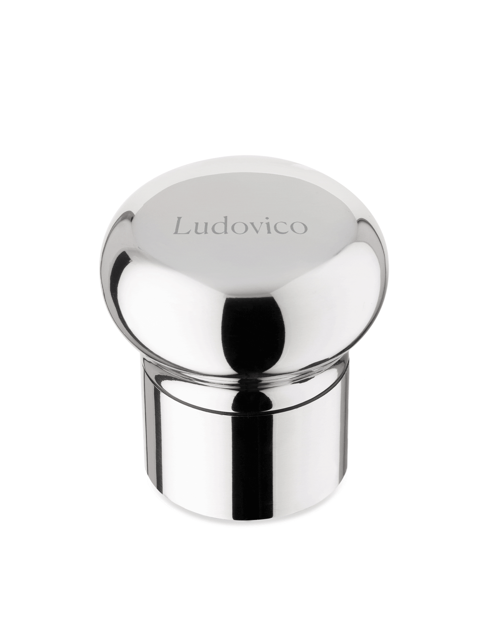 Silver polished metal bottle stopper by Alessi engraved with 'Ludovico' on its domed top.