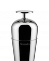 Sleek silver cocktail shaker by Alessi, with a flat top and "Alexandra" engraved on its body.