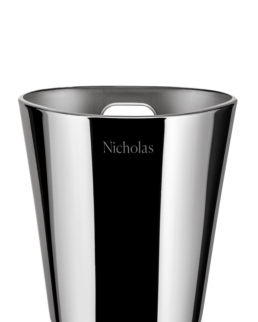 Chrome wine cooler by Alessi with a tapered design, cutout handle, and 'Nicholas' engraved.