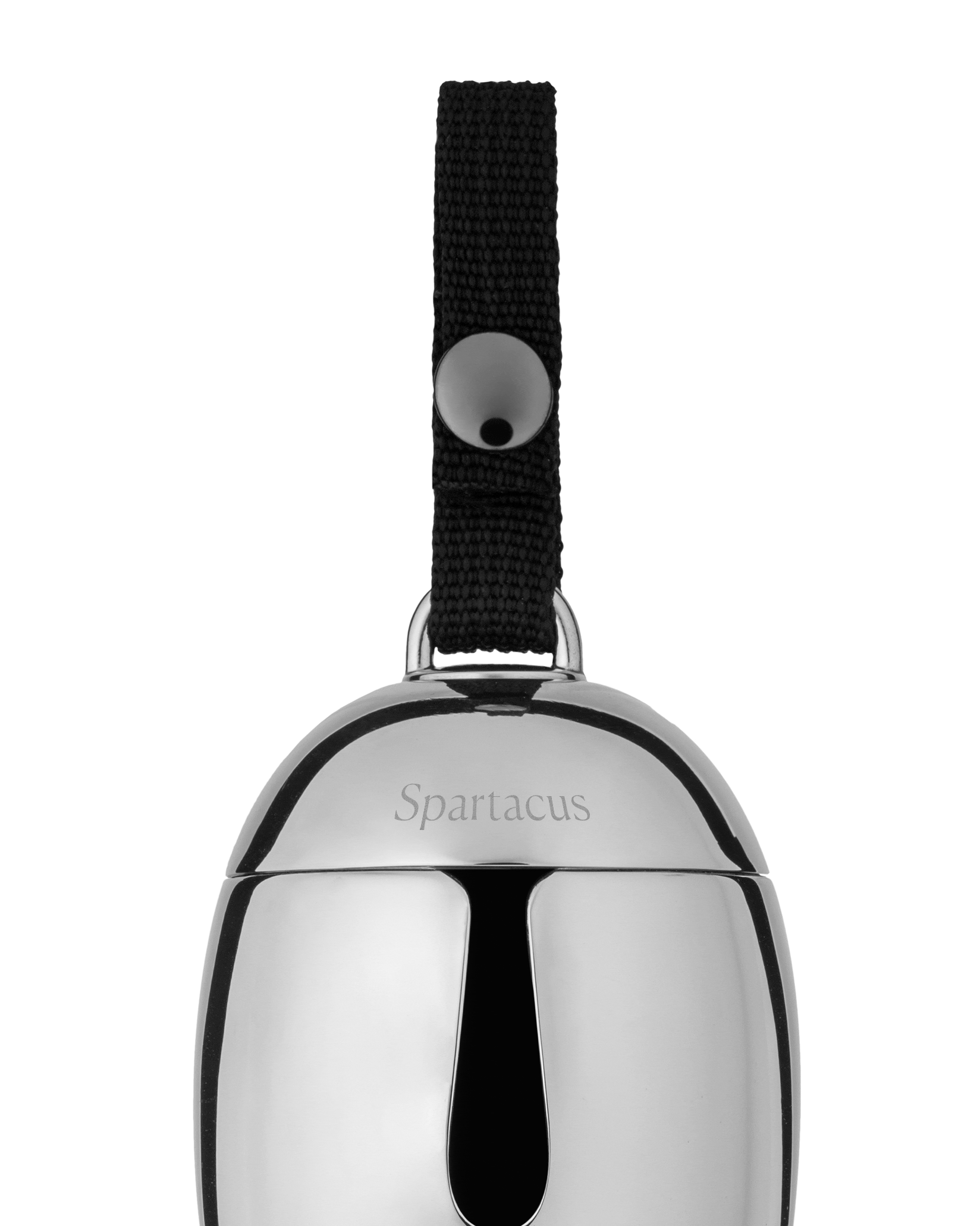 Shiny silver bell by Alessi with an engraved 'Spartacus' logo and a black fabric strap attached by a silver snap.