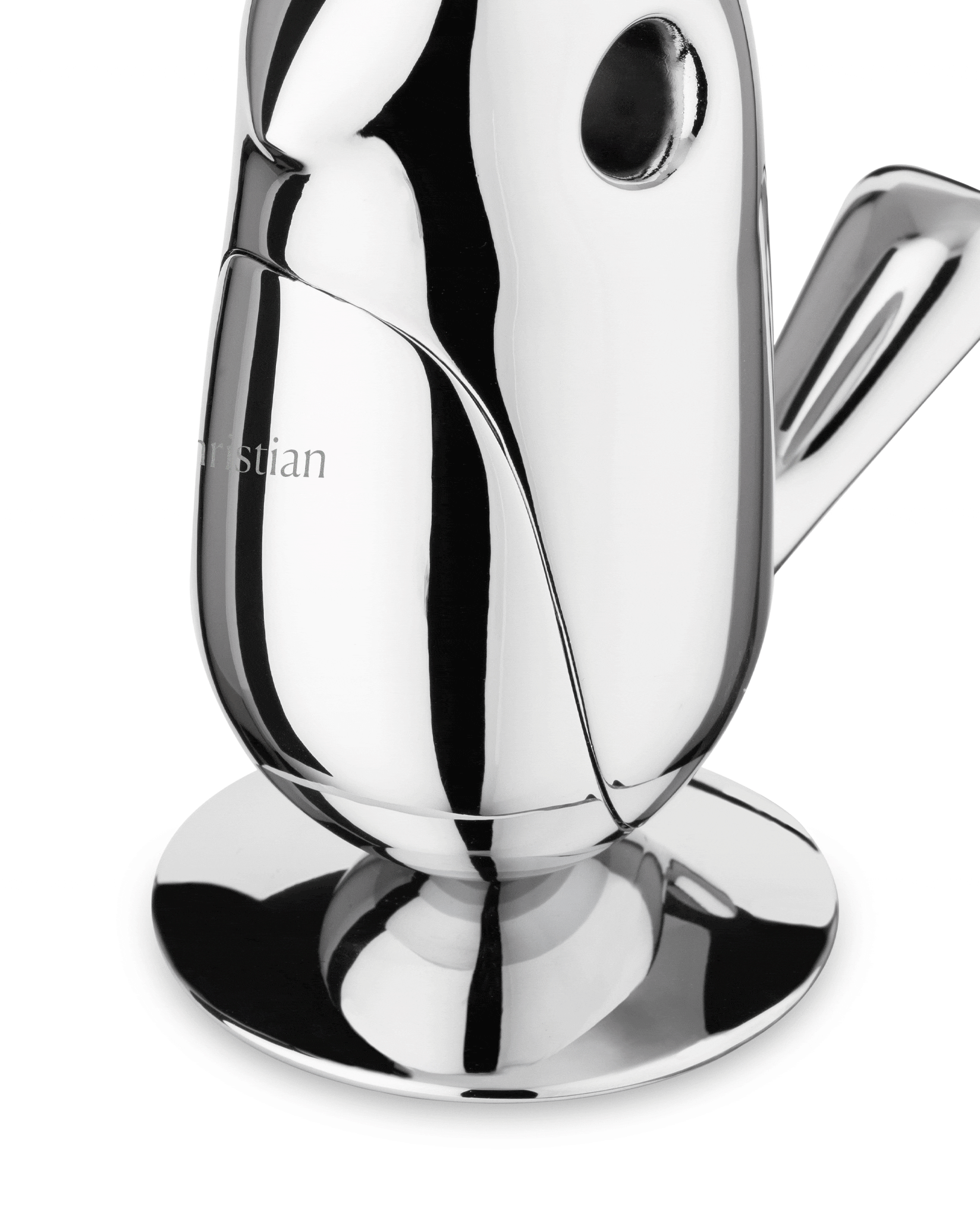 Chrome bird-shaped dispenser by Alessi, featuring a highly reflective surface and a round base.