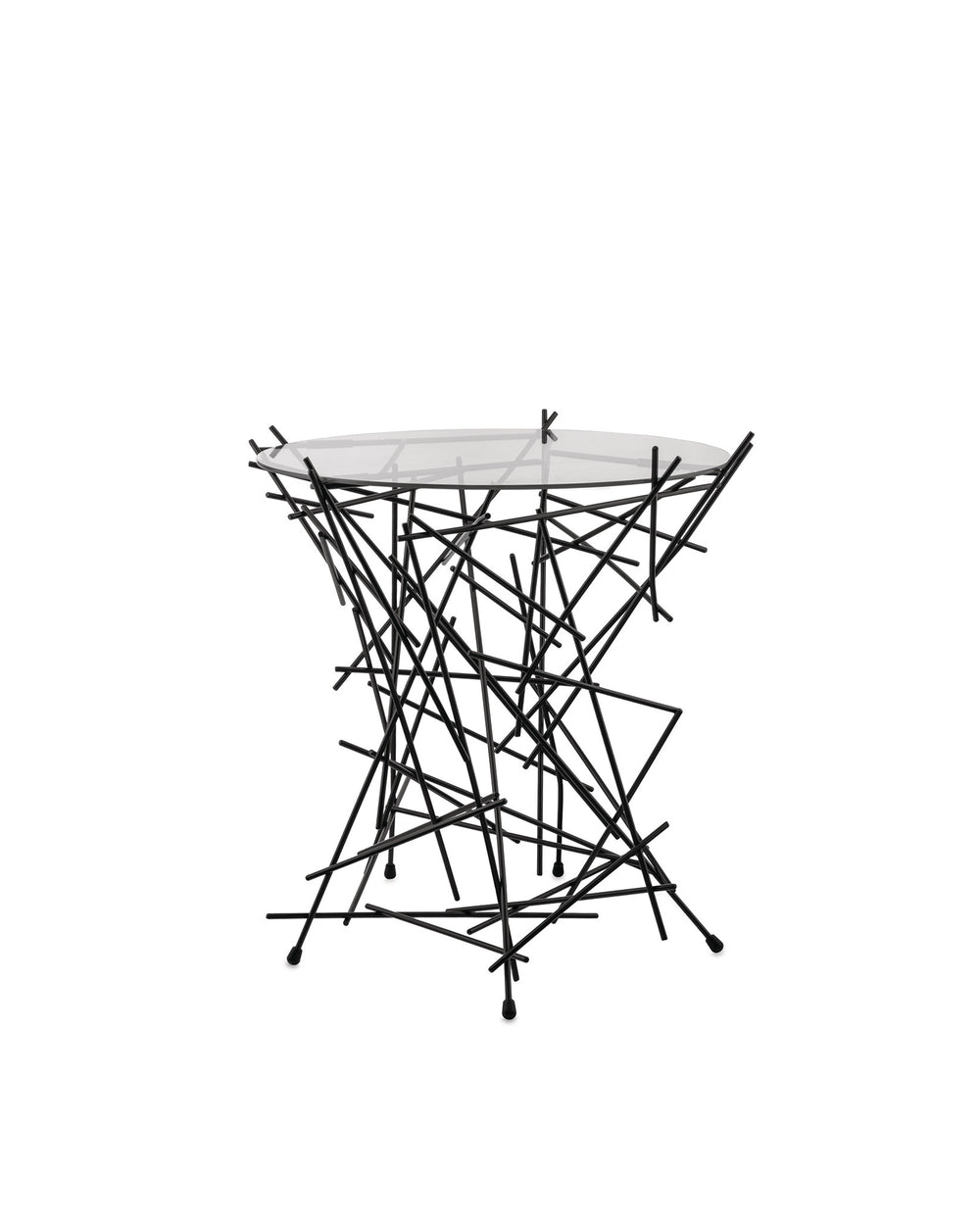 Black metal and glass side table by Alessi, with a sculptural base of intersecting sticks and a round clear top.
